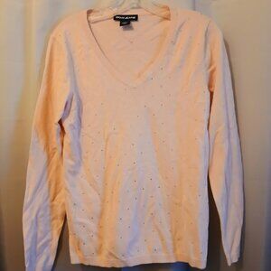 Nwot DKNY Rhinestone studded V-neck Sweater Top M Pink Silver long sleeve Ribbed